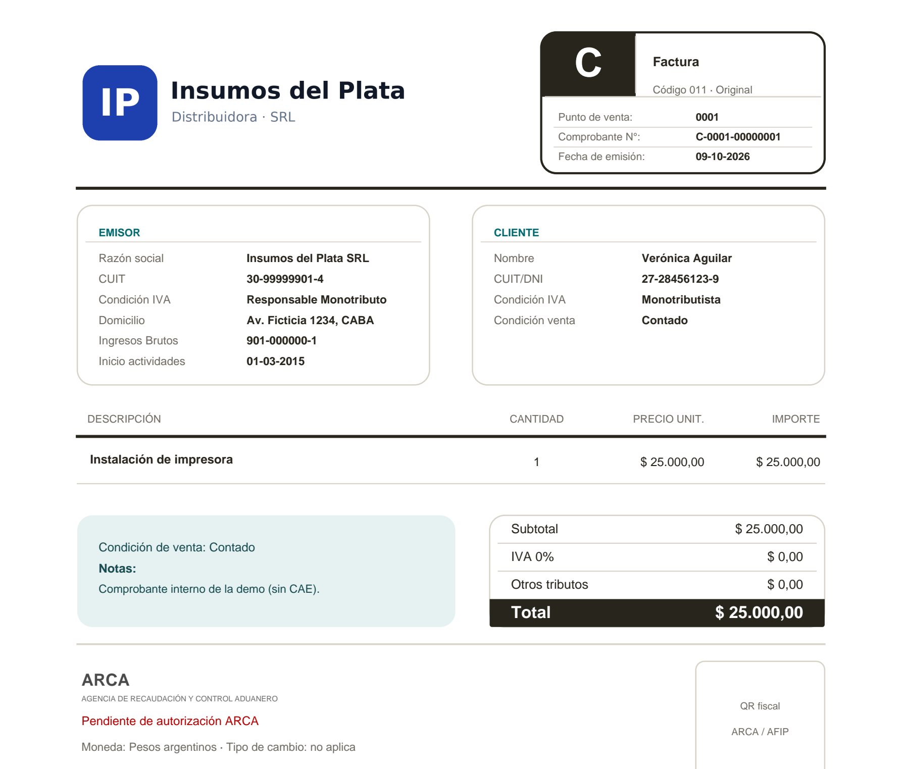 Factura C en PDF generada por Contalibra para una empresa ficticia: logo, datos del emisor y del cliente, detalle, totales y el pie de ARCA