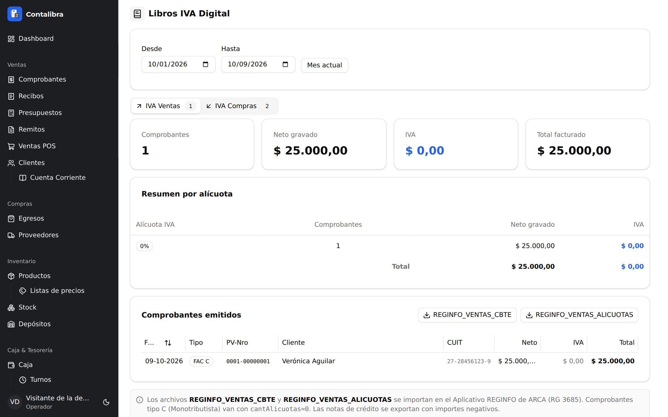Libros IVA Digital de Contalibra: comprobantes del período, neto gravado, IVA, resumen por alícuota y botones para exportar los archivos de ARCA